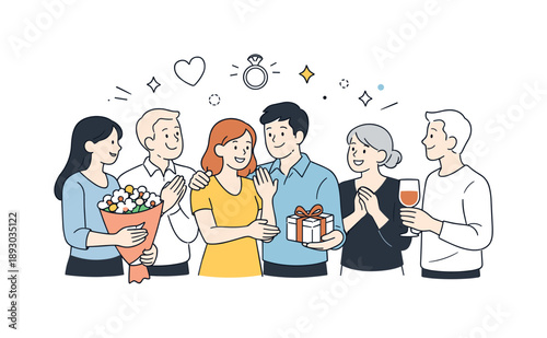 Joyful Engagement Celebration. Engagement party celebration. Small group gathered around the engaged couple, exchanging congratulations and gifts. Clean