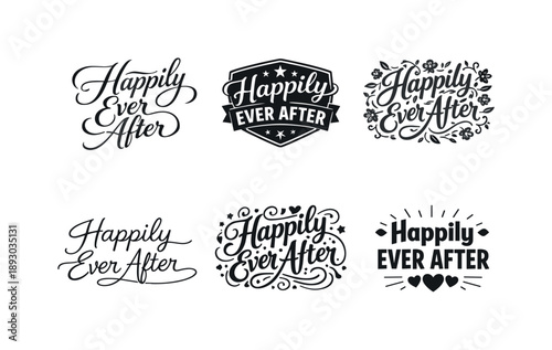 Lettering Variations Grid. Happily Ever After. Set lettering. harmonious lettering variations of the same emblematic concept, each with different artistic