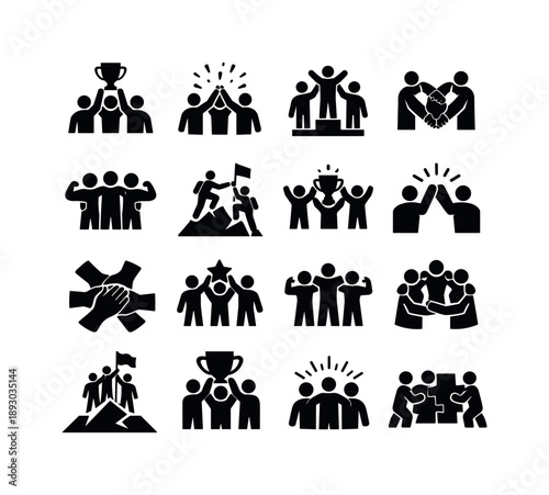 Teamwork Icon Set. Teamwork Victory. Solid icon set of Teamwork Victory: teamwork win, group coordination success, united effort win, collaboration triumph,