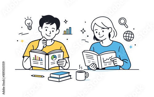Non-Fiction Study Session. Shared non-fiction study. Two people reading nonfiction books with charts and text, calm gestures and open space showing curiosity,