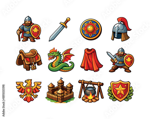 Dobrynya Nikitich Icons. Dobrynya Nikitich. Colorful isometric vector icons set of Dobrynya Nikitich: bogatyr hero, long sword, decorated shield, warrior