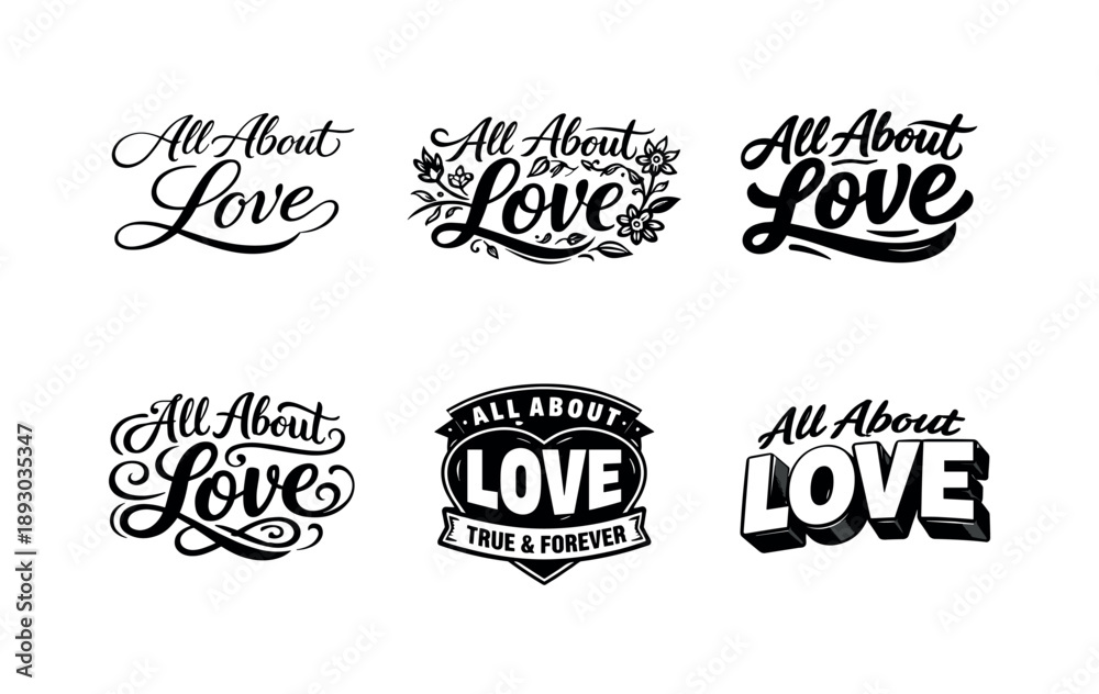 Obraz premium Harmonious Love Lettering. All about love. Set lettering. harmonious lettering variations of the same emblematic concept, each with different