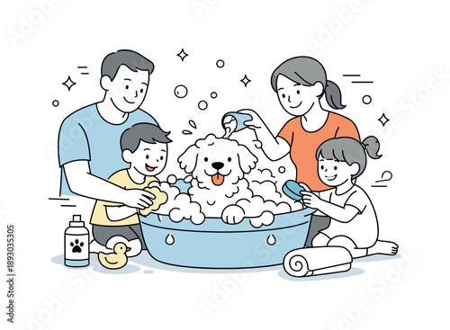 Family Dog Wash. Family washing dog. Parents and children gently washing a dog together with smiles. Warm everyday care and shared family activity. Minimalist