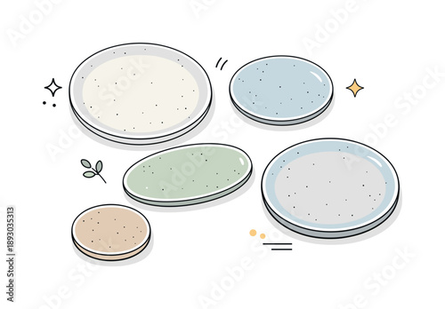 Modern Rustic Plates. Calm plate collection. A set of stoneware plates placed in a gentle grid or casual grouping, with visible speckled glaze and matte