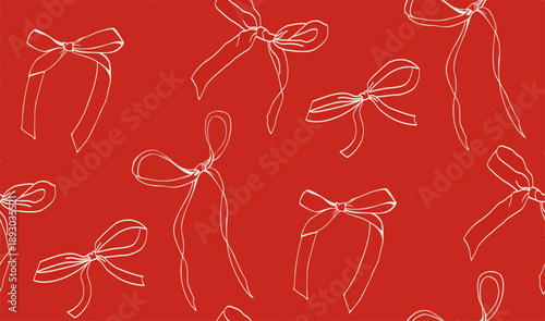 Seamless pattern with hand drawn ribbon bows in minimal line style. White sketch bow on red background. Elegant romantic design for wrapping paper, packaging, textiles, greeting cards, festive prints.