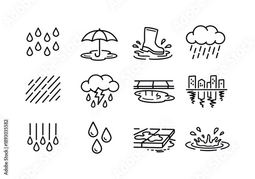 Rainy Weather Icons. Rainy Weather. Line icon set of Rainy Weather: falling raindrops, umbrella over puddle, boot splash, rain cloud, drizzle lines, storm
