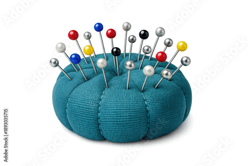 Teal pincushion with colorful sewing pins on transparent background