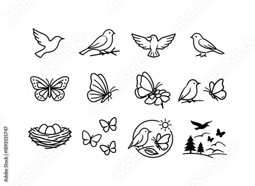 Birds and Butterflies. Birds and Butterflies. Line icon set of Birds and Butterflies: flying bird silhouette, perched bird branch, bird wings spread, small