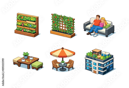 Isometric Rooftop Garden. Rooftop garden. Isometric flat vector icons set of Rooftop garden: vertical garden wall, climbing vines, people relaxing on sofa,