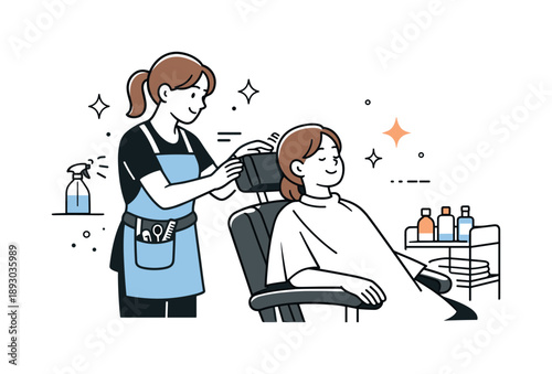 Salon Serenity Scene. Professional hair salon scene. A stylist adjusts the salon chair headrest to ensure client comfort. Attentiveness, service quality, and