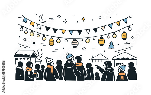 Winter Festival Magic. Winter outdoor festival evening. Crowd gathered under string lights and lanterns, soft glow and calm silhouettes. Peaceful celebration