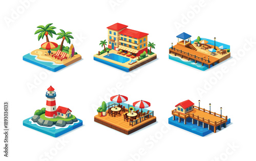 Isometric Summer Scenery. Summer travel places. Isometric flat vector icons set of Summer travel places: tropical beach with palm trees, seaside resort hotel,