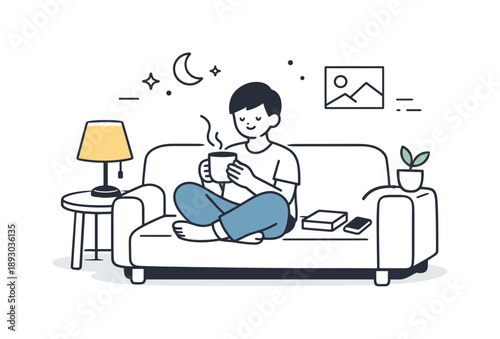 Evening Relaxation Scene. Evening relaxation at home. A person sitting on a couch with a warm drink, dim lamp beside and soft shadows in the background. Calm,