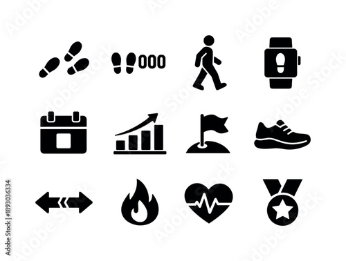 Daily Steps Icons. Daily Step Count. Solid icon set of Daily Step Count: footsteps trail, numeric step icon, walking person side view, smartwatch band,