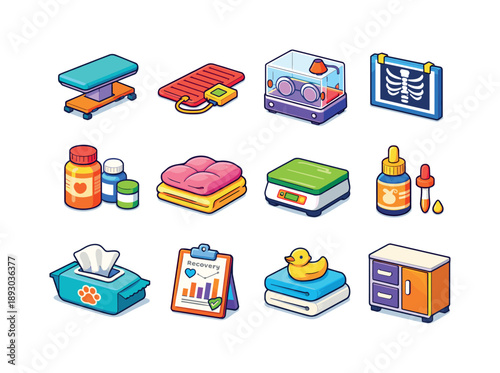 Rehabilitation Center Icons. rehabilitation center. Colorful isometric vector icons set of rehabilitation center: exam table, warming pad, incubator crate,