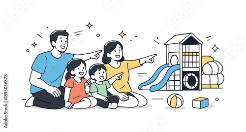 Family Playground Fun. People at indoor playground family moment. Parents and children laughing and pointing at play structures. Warm bonding and quality time