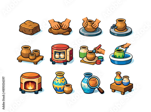 Colorful Pottery Icons. Pottery making process. Colorful isometric vector icons set of pottery making process: raw clay, kneading clay hands, shaping on wheel,