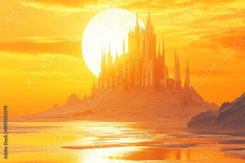 Beautiful castle silhouette against a vibrant sunset over the ocean