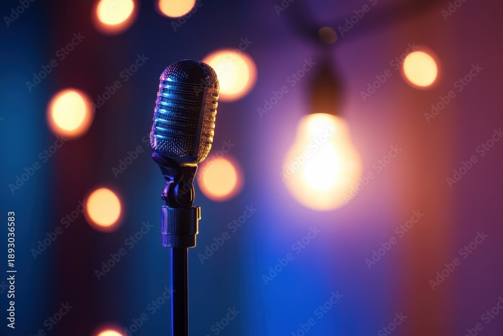 Obraz premium Retro microphone illuminated by decorative lights in a vibrant setting during a live performance