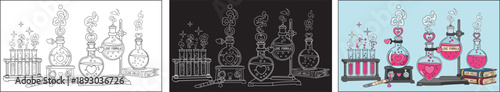 Love Potion Laboratory with Flasks and Books science