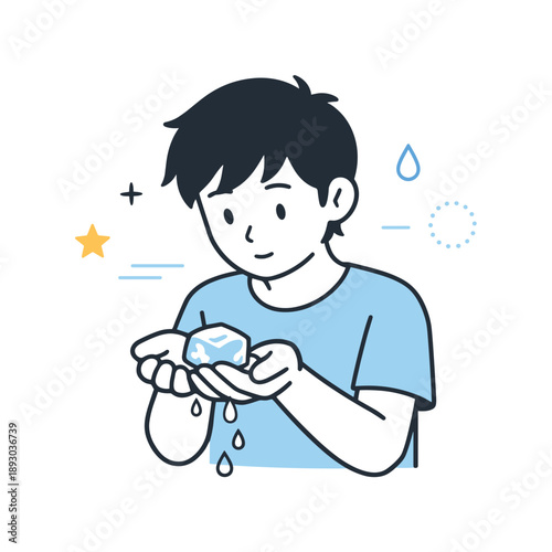 Curious Ice Transformation. Ice to water transition. A character watching ice melt in their hands, with soft drip lines and minimal expressions.