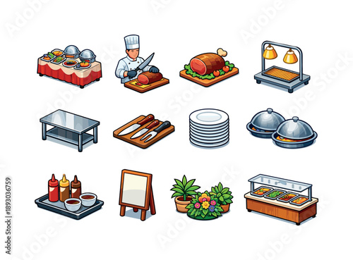 Buffet Carving Icons. Buffet carving station. Colorful isometric vector icons set of buffet carving station: hotel buffet setup, carving chef, roast meat