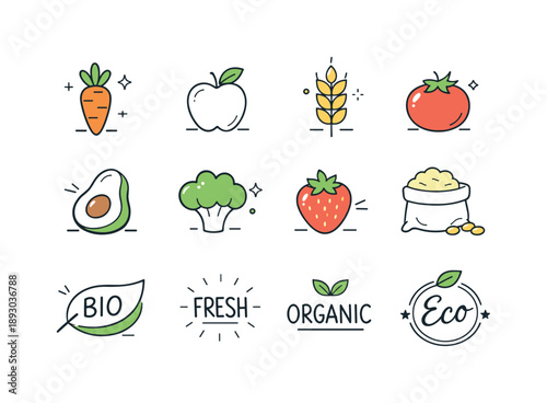 Organic Icons Design. Organic food icons. Minimal symbols of vegetables, fruits, grains and eco labels displayed with plenty of space. Freshness, healthy