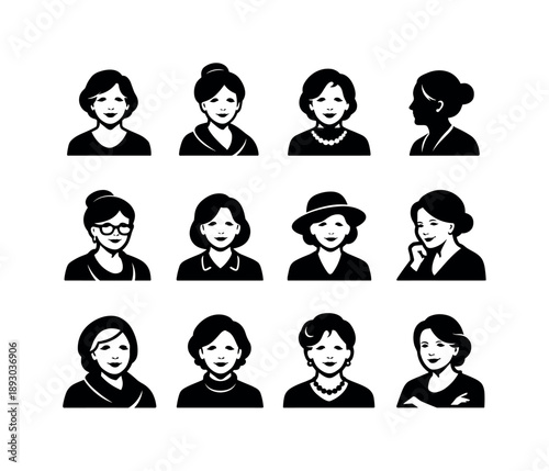 Senior Lady Icons. Senior lady. Solid icon set of senior lady: mature woman, elderly portrait, graceful aging, calm smile, classic look, soft features, wisdom