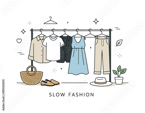 Timeless Minimal Wardrobe. Slow fashion lifestyle. A small selection of timeless clothes hanging on a rack with space between items. Minimal,