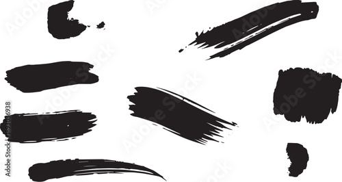 Brush set. Vector black paint brush spots, highlighter lines or felt-tip pen marker. Ink smudge abstract shape stains and smear set with texture