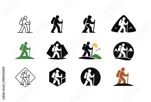 Wanderer Icon Collection. Wanderer. Icon set. Set Logo of Wanderer: lone traveler with backpack and walking stick. harmonious logo variations of the same