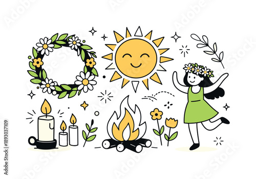 Midsummer Celebration Symbols. Solstice symbols and traditions. Wreaths, flowers, candles, and sun motifs appear together, representing cultural rituals of