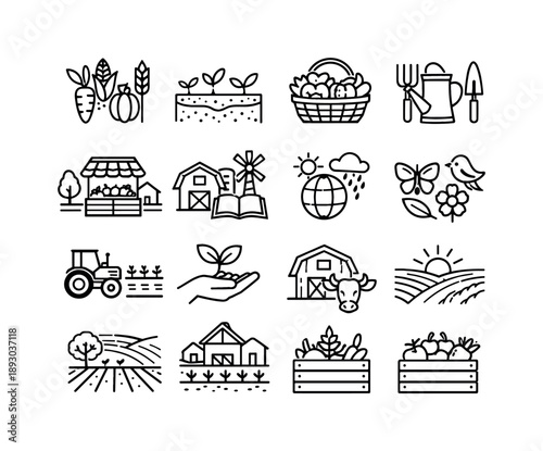 Sustainable Farming Icons. Local sustainable farming. Line icon set of Local sustainable farming: organic crops, healthy soil, green harvest, eco farming
