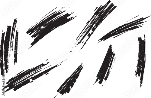 Brush set. Vector black paint brush spots, highlighter lines or felt-tip pen marker. Ink smudge abstract shape stains and smear set with texture