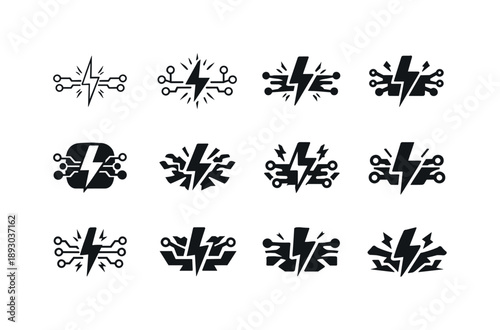 Power Surge Icons. Power surge metaphor. Icon set. Set Logo of power surge metaphor: circuit overload spark. harmonious logo variations of the same emblematic