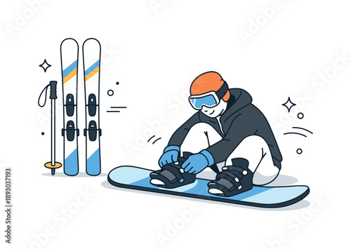 Ski and Snowboard Prep. Ski and snowboard elements. A person calmly adjusting snowboard bindings while skis stand nearby, focused preparation before hitting