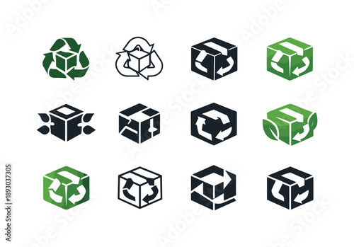 Ethical Consumerism Icons. Ethical consumerism guides. Icon set. Set Logo of ethical consumerism guides: recycled packaging box. harmonious logo variations of