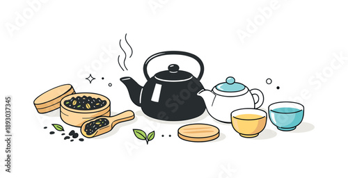 Tea Brewing Simplicity. Tea brewing moment. A loose leaf tea set captured during preparation, with tea leaves, kettle, and cups ready for brewing. The scene