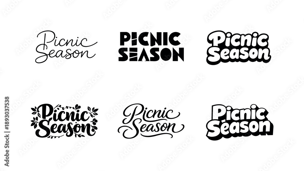 Fototapeta premium Diverse Lettering Styles. Picnic Season. Set lettering. harmonious lettering variations of the same emblematic concept, each with different artistic