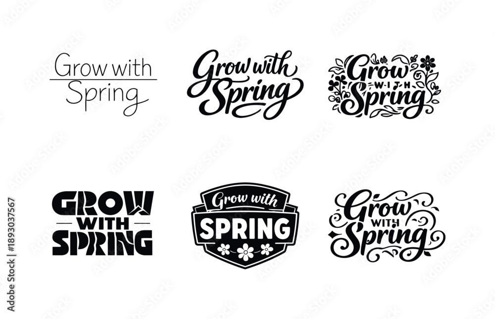 Fototapeta premium Spring Lettering Variations. Grow with Spring. Set lettering. harmonious lettering variations of the same emblematic concept, each with different artistic