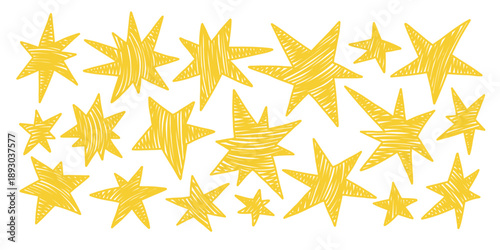 Vector set of hand drawn yellow star element with scribble texture. Fun doodle collection for kids illustration, celebration decoration, party poster, sticker, wrapping paper and playful background.