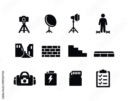 Urban Photoshoot Setup. Urban Photoshoot Setup. Solid icon set of Urban Photoshoot Setup: camera on tripod, reflector board, light stand, model mark position,