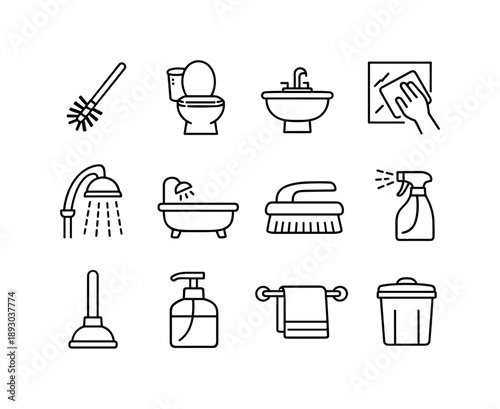 Bathroom Cleaning Icons. Bathroom Cleaning. Line icon set of Bathroom Cleaning: toilet brush, toilet bowl, sink basin, mirror wipe, shower head, bathtub, tile