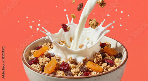 Dynamic milk splash pouring into granola bowl with dried fruits and flying raisins on coral background