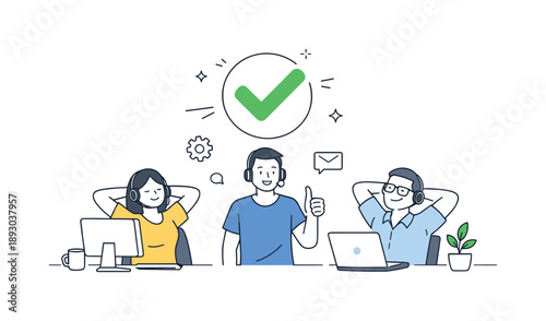IT Support Success. IT support team success. Issue resolved with a checkmark icon, team members relaxed and satisfied near their screens.