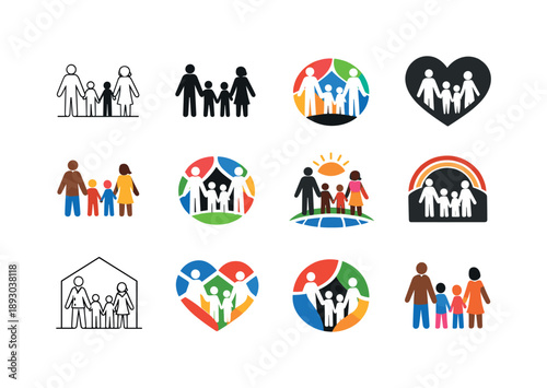 Multicultural Family Logos. Raising children in multicultural families. Icon set. Set Logo of Raising children in multicultural families: diverse family