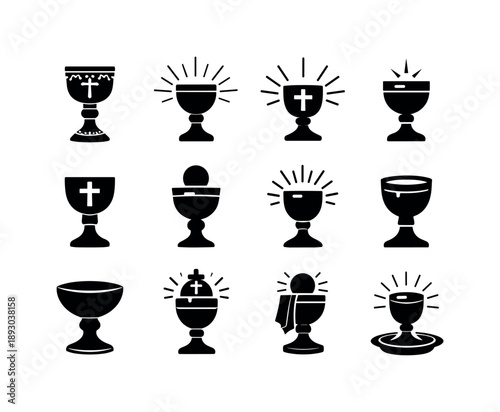 Holy Chalice Icons. Holy chalice. Solid icon set of Holy chalice: ornate chalice, radiant cup, sacred goblet, spiritual rays, communion symbol, religious
