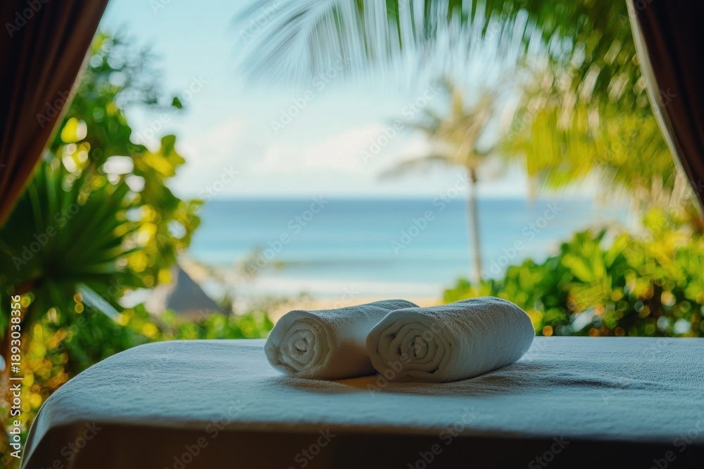 Fototapeta premium Relaxing spa setting with towels overlooking a serene beach and tropical greenery