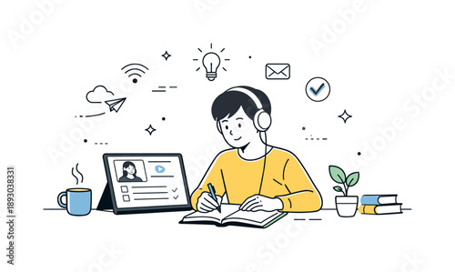 Online Learning Scene. Studying online at home. A learner taking notes from a digital course on a tablet or laptop, clean background and subtle tech elements