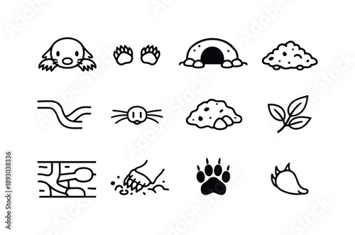 Mole Icon Set. Mole. Line icon set of Mole: mole animal, tiny paws, burrow entrance, soil mound, tunnel path, nose whiskers, earth clod, leaf sprig,